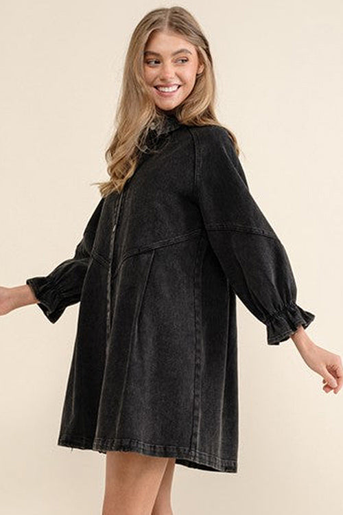 Denim Button Front Chevron Yoke Ruffle Cuff Shirt Mini Dress