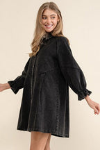 Denim Button Front Chevron Yoke Ruffle Cuff Shirt Mini Dress