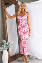 Square Neck Keyhole Cutout Ruched Floral Mermaid Flounce Hem Midi Dress