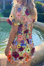 3D Floral Applique Puff Sleeve V Neck Sheer Mesh Mini Dress