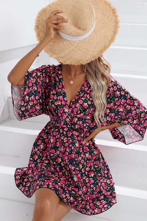 Wrap V Neck Bell Sleeve Tiered Floral Print Mini Dress
