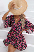 Wrap V Neck Bell Sleeve Tiered Floral Print Mini Dress