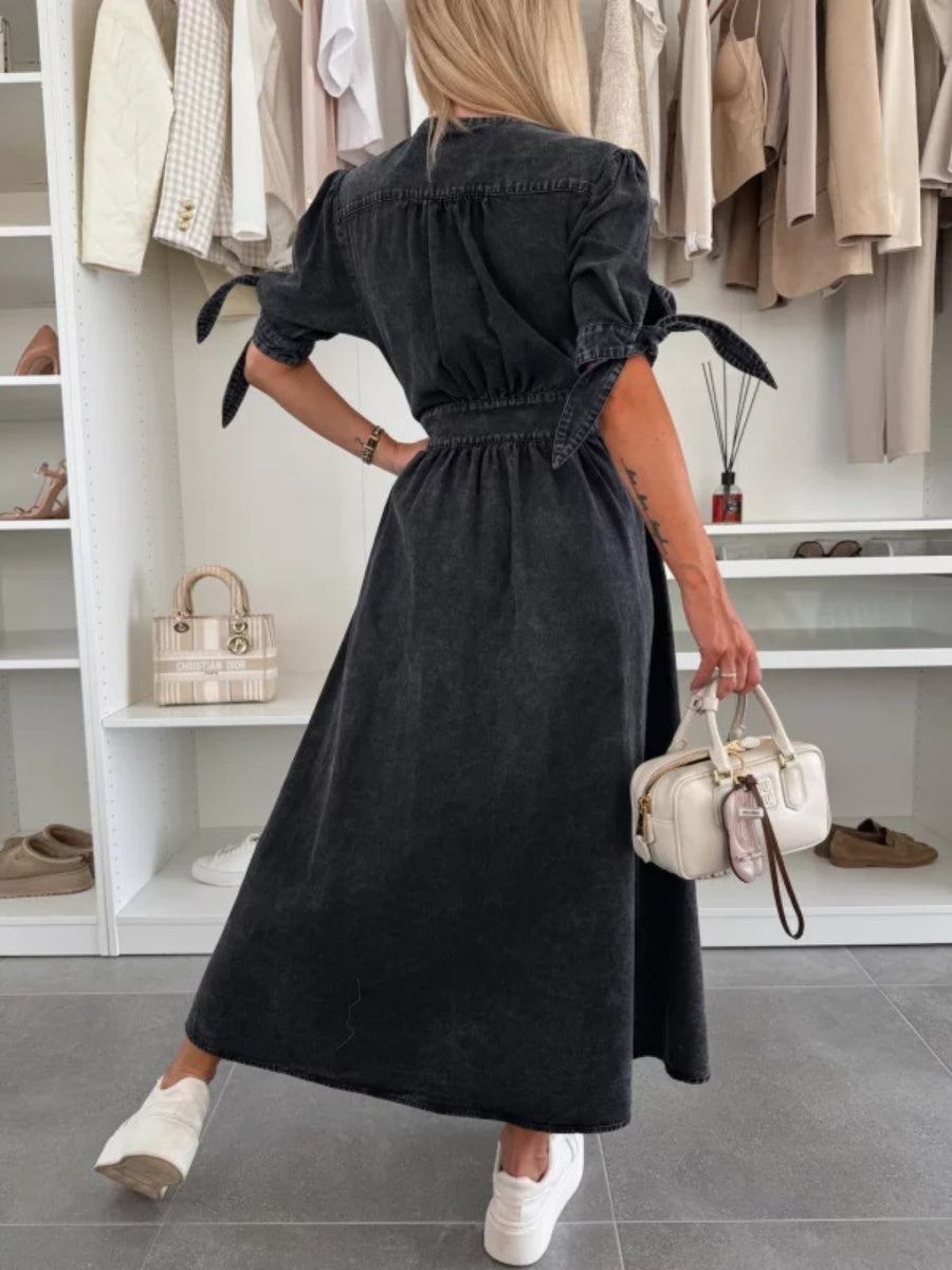 V-neck Short-sleeved Loose-fitting Denim Button-down Long Dress