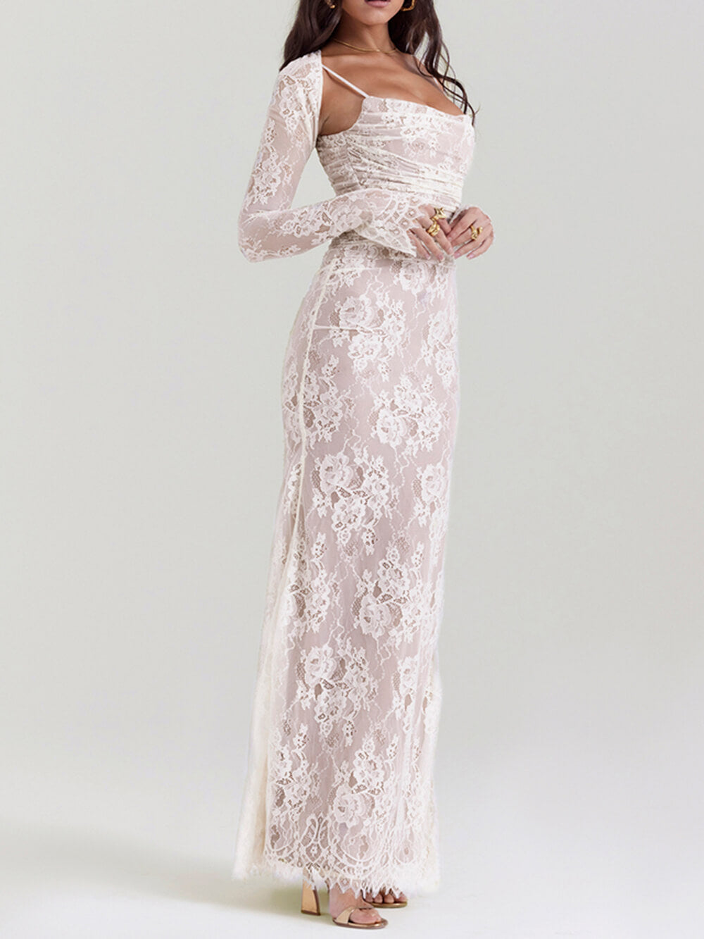 Square Neck Floral Lace Ruched Draped Bolero Sleeve Maxi Gown