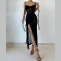 Sweetheart neck ruffle high slit sheer mesh cami midi dress  | Festival Outfits Women