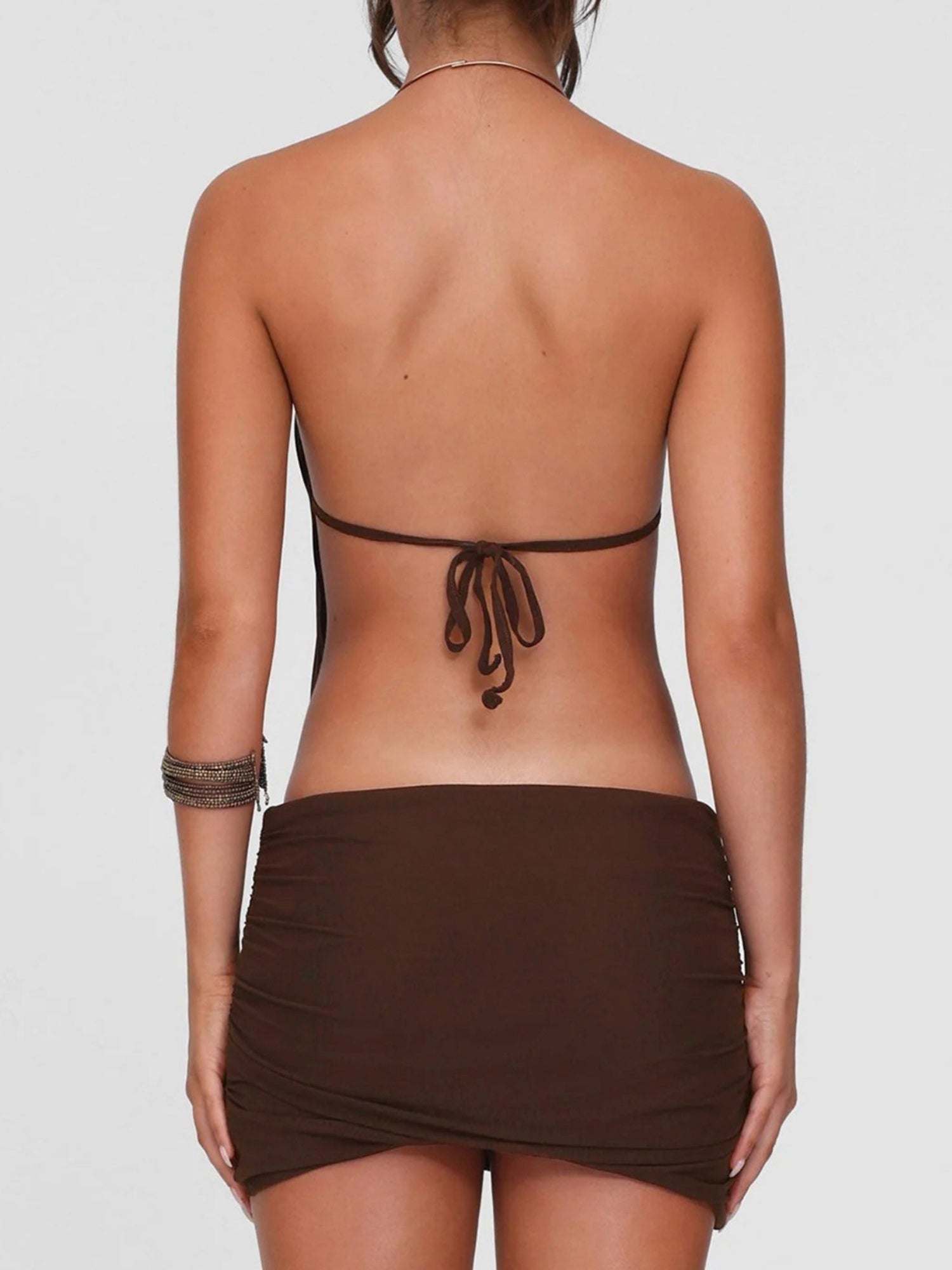 Metal Ring Halter-neck Sleeveless Backless Splicing Hip Wrap Mini&Short Dresses
