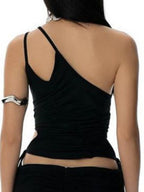 Hollow Out Metal Decoration Sloping Shoulders Backless Tank Tops
