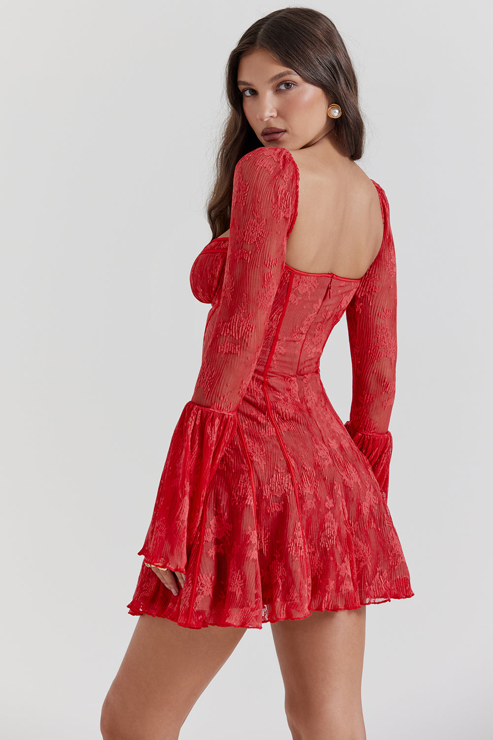 Floral Lace Square Neck Tie Front Bell Sleeve Corset Bodice Mini Dress