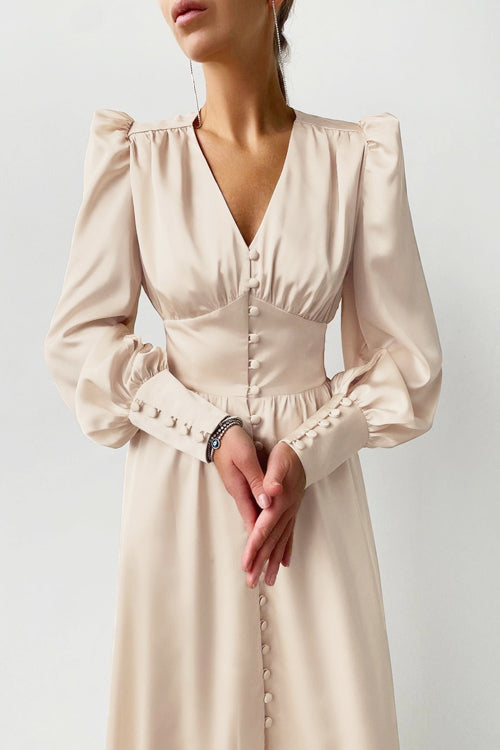 Deep V-Neck Bishop Sleeve Button Front Smocked Waist Midi Dress