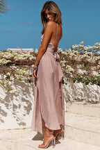 Halter Keyhole Wrap Waist Side Slit Crinkle Maxi Dress
