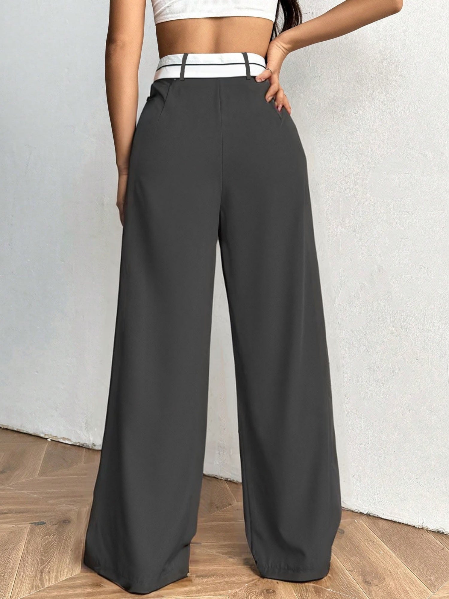 Color-blocked Suit Trousers Pocket Pleats Pants