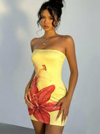 Floral Print Strapless Bodycon Mini&Short Dresses