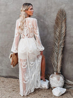 Lace Long-sleeved V-neck Solid Color Chiffon Long Dress