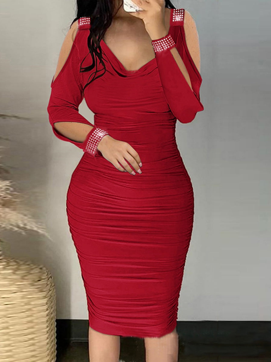 Rhinestone-studded Off-shoulder Hip-hugging Formal Dress Midi Dresses