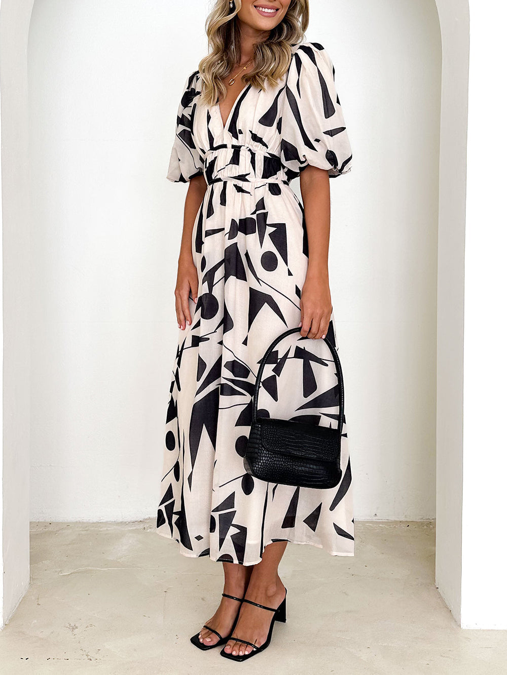 Deep V Neck Puff Sleeve Abstract Geo Print Wrap Midi Dress