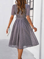 Polka Dots Crew Neck Waist Tie Short Sleeves Maxi Dresses