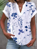 Flower Embroidery V-neck Short Sleeve T-shirts