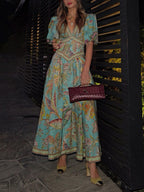 Puff Sleeve Button Front Paisley Border Print Maxi Dress