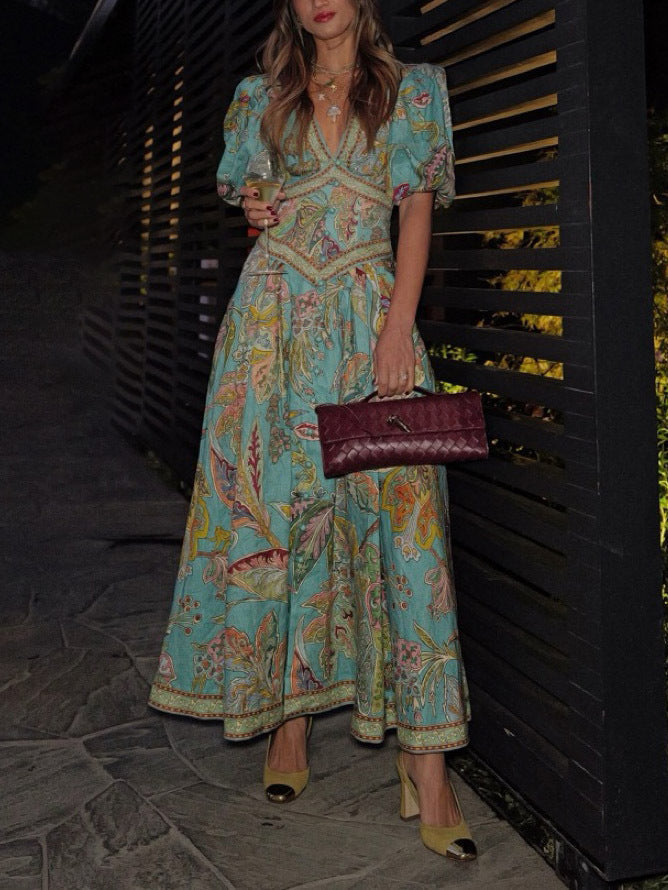 Puff Sleeve Button Front Paisley Border Print Maxi Dress