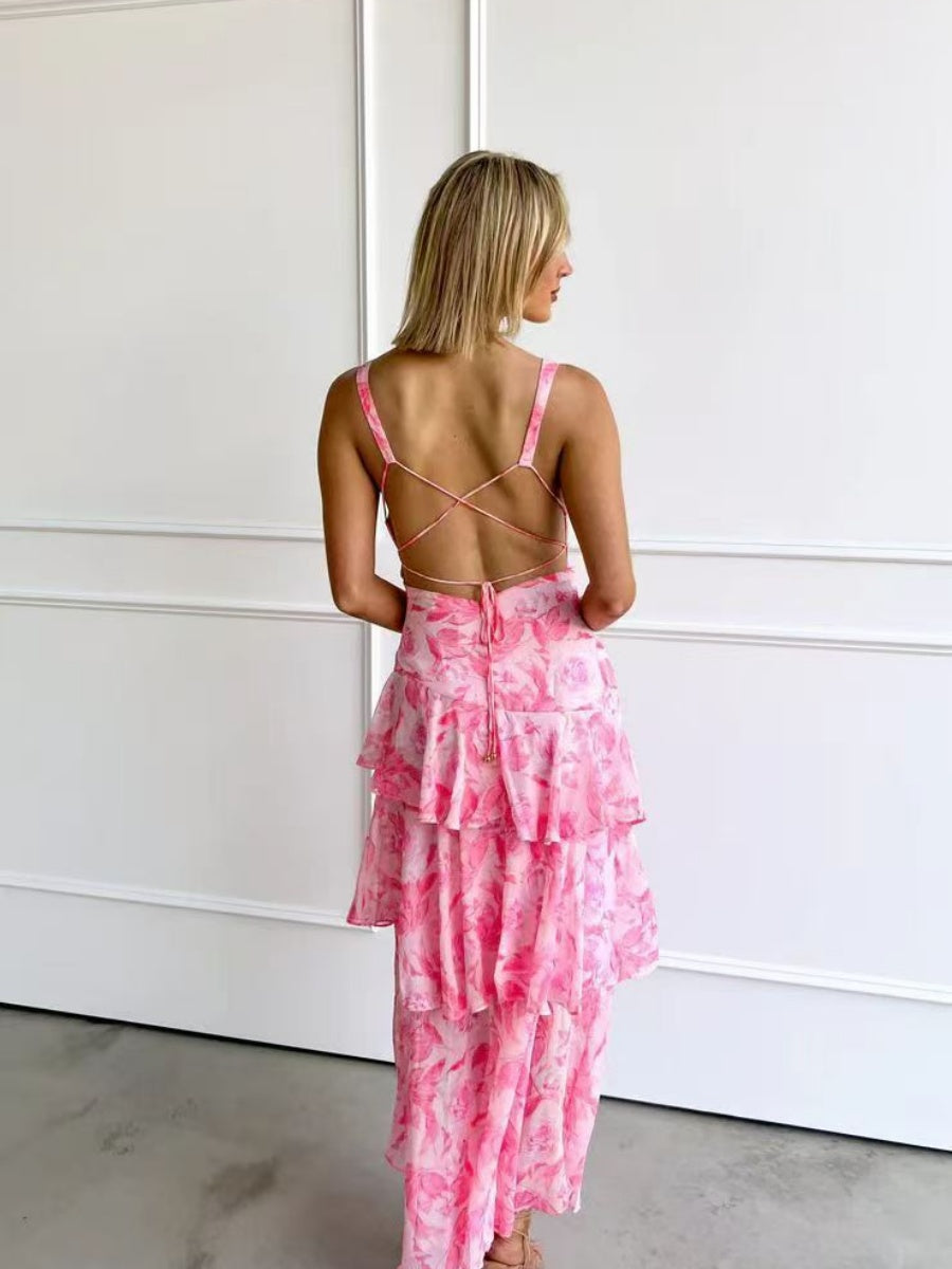 Floral Print Slim Fit Ruffled Spaghetti Strap Maxi Dress