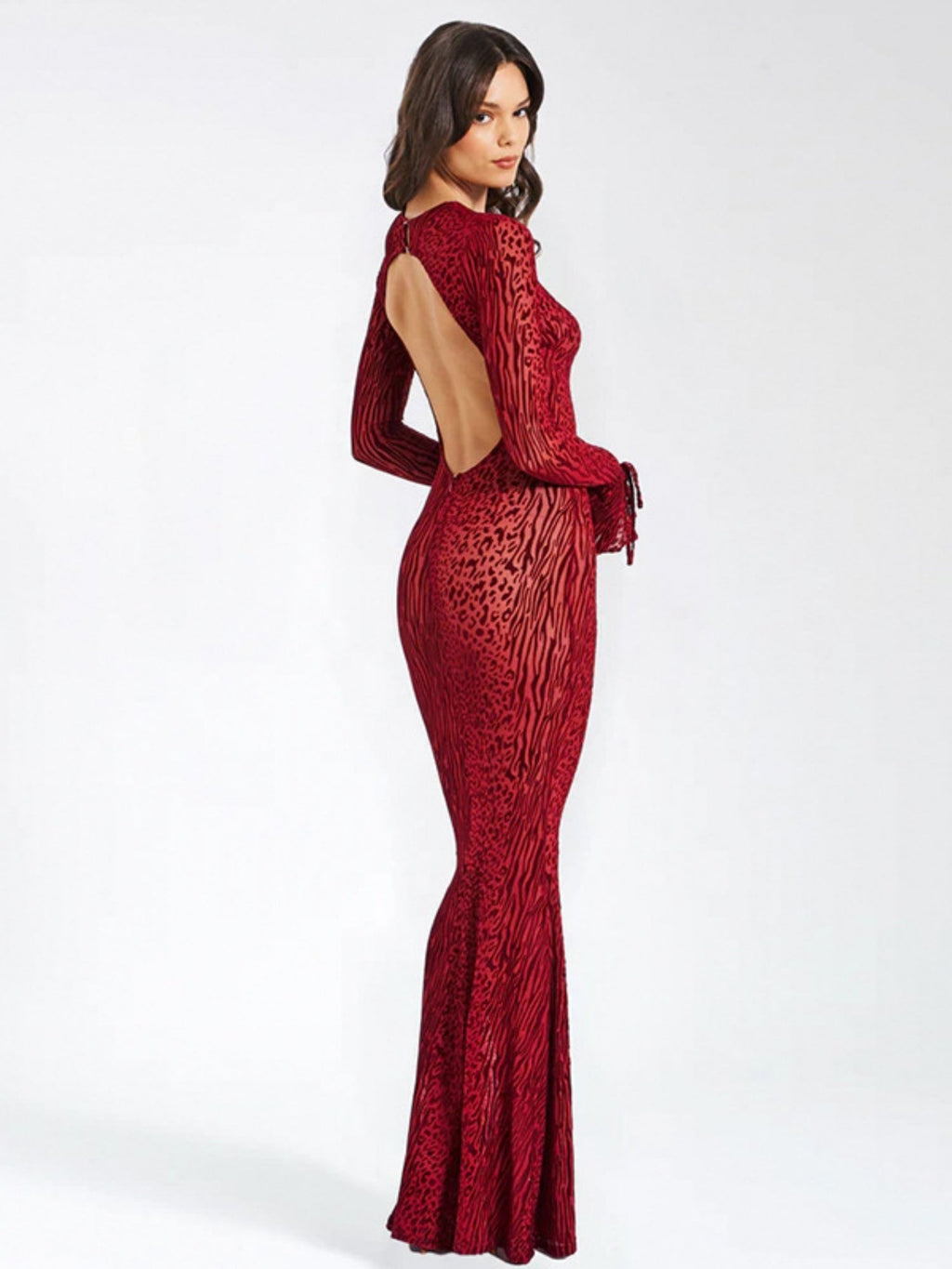 Leopard Print Backless Round Neck Long Sleeve Fish Tail Maxi Dresses