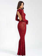Leopard Print Backless Round Neck Long Sleeve Fish Tail Maxi Dresses