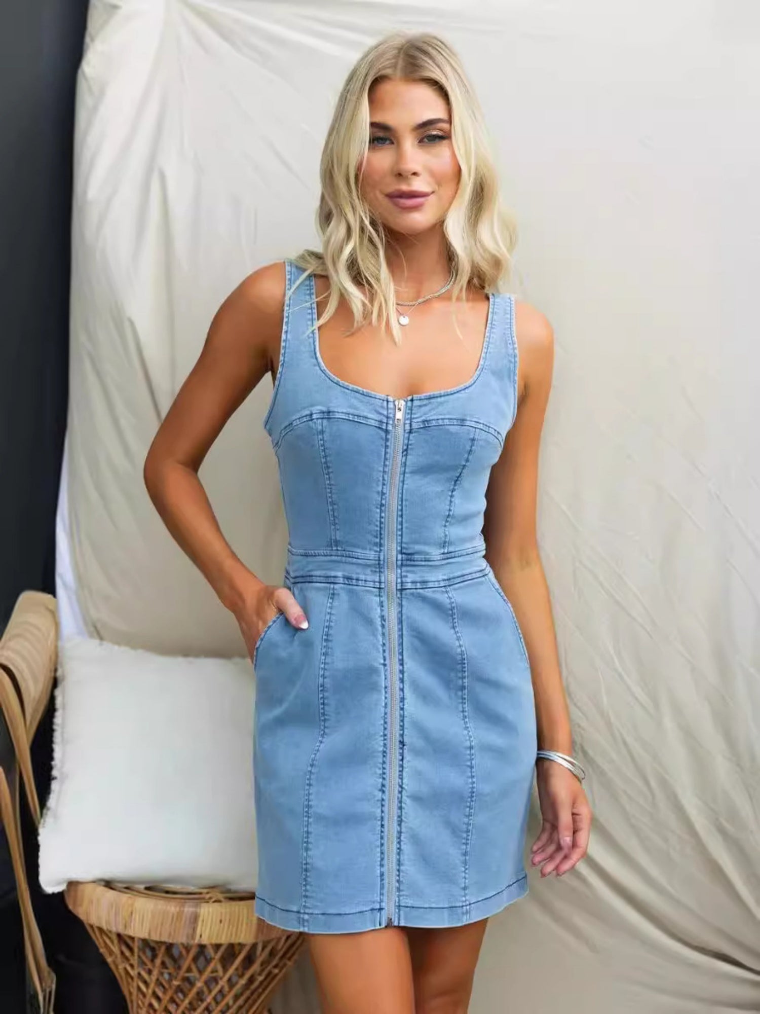 Denim Pocket Zipper Camisoles Mini&Short Dresses