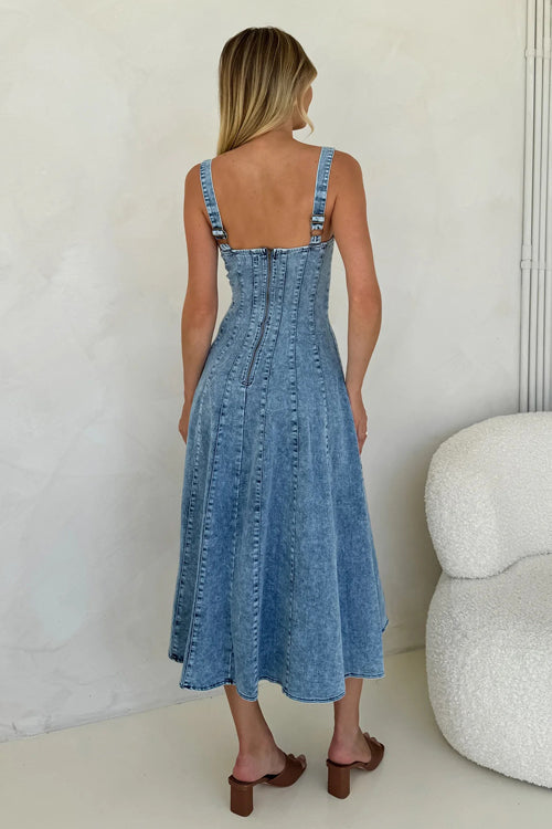 Paneled Denim Square Neck Sleeveless Fit and Flare Mini Dress