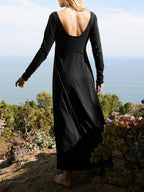 V-Neck Button Front Long Sleeve Side Slit Maxi Dress