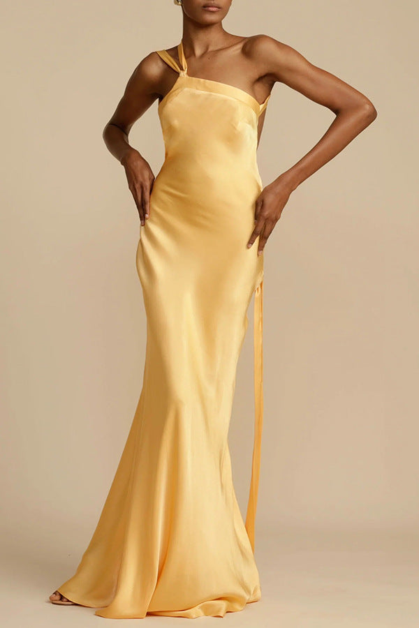 Zippered Single Shoulder Satin Maxi Dresses
