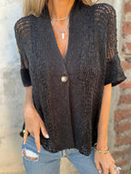 One Button Hollow Knit Tops