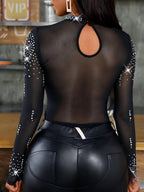 Black Hot Diamond Mesh Crew Neck T-shirts