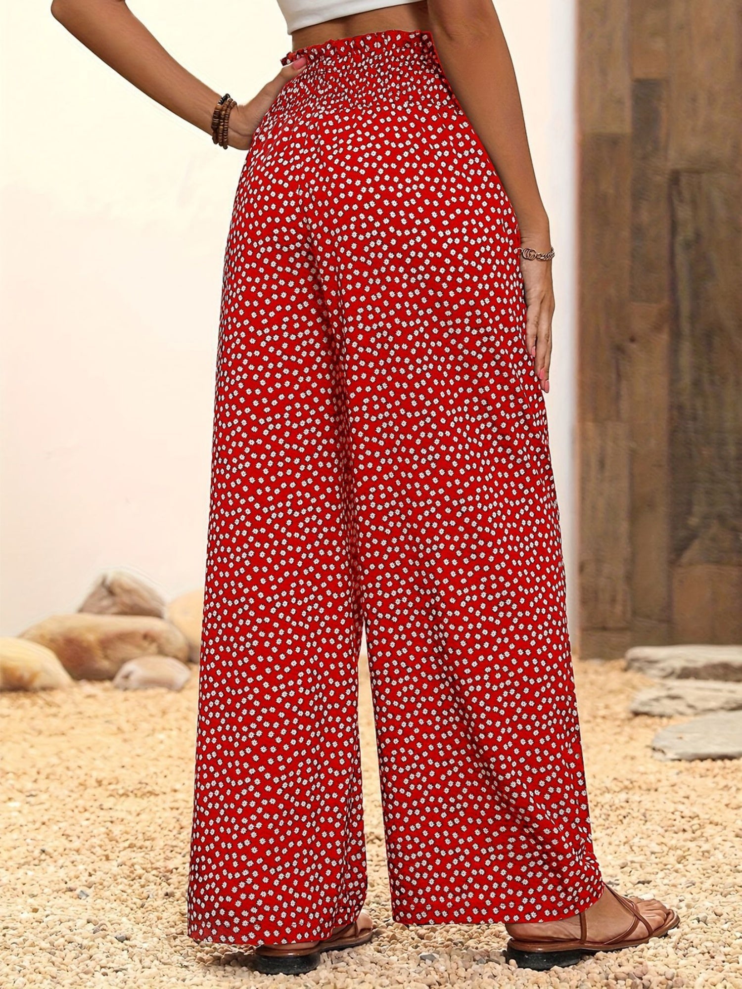 Printed Elastic Waistband High-waisted Loose-fit Pants