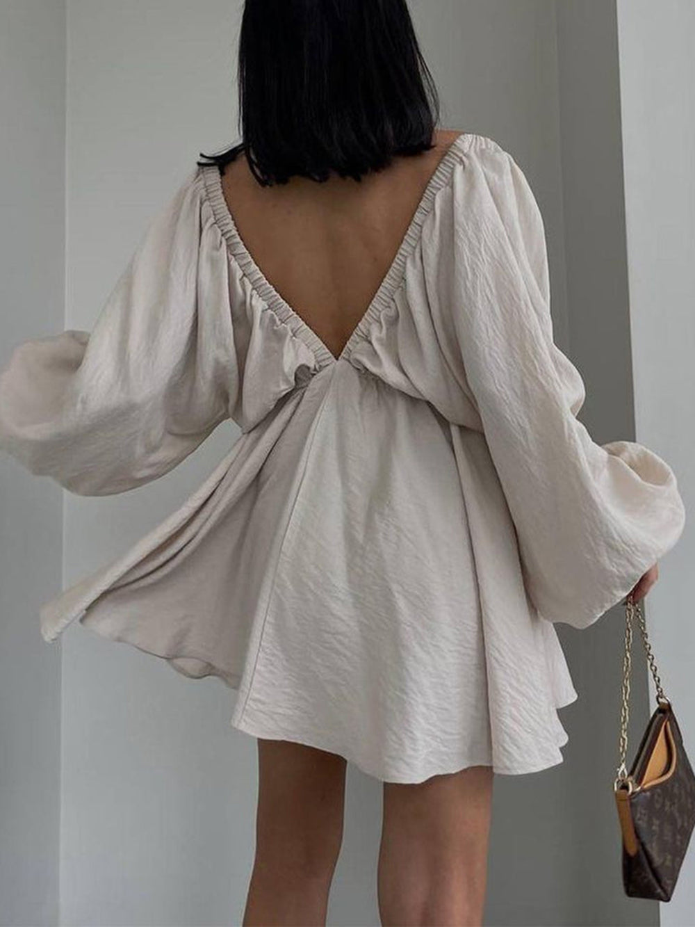 Deep V Neck Lantern Sleeve Pleated Waist Belted Mini Dress