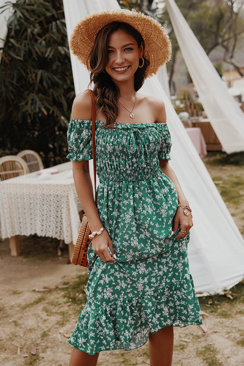 Off Shoulder Smocked Bodice Puff Sleeve Ruffle Hem Floral Midi Dress