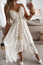 Lace Pom-Pom Drawstring Deep V-Neck High-Low Maxi Dress
