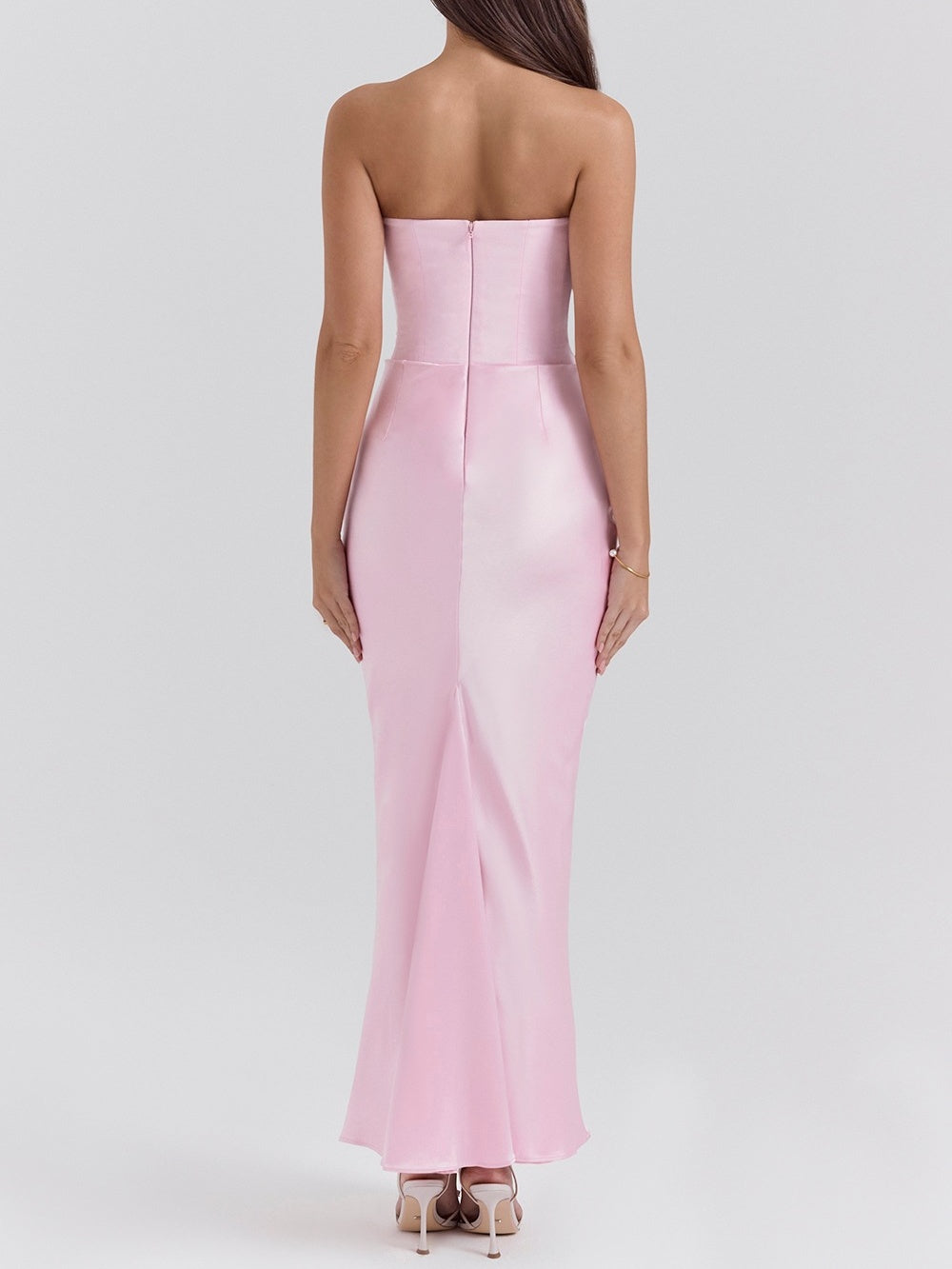 Satin Belted Strapless Off-the-shoulder Fishbone Pleated Long Bodycon Dress