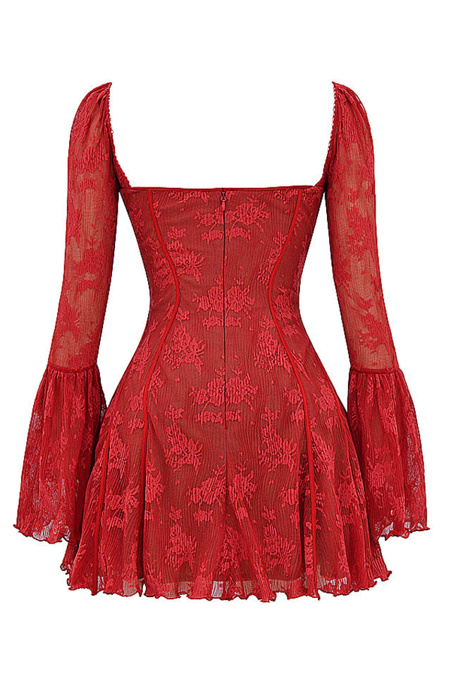 Floral Lace Square Neck Tie Front Bell Sleeve Corset Bodice Mini Dress