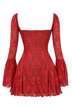 Floral Lace Square Neck Tie Front Bell Sleeve Corset Bodice Mini Dress