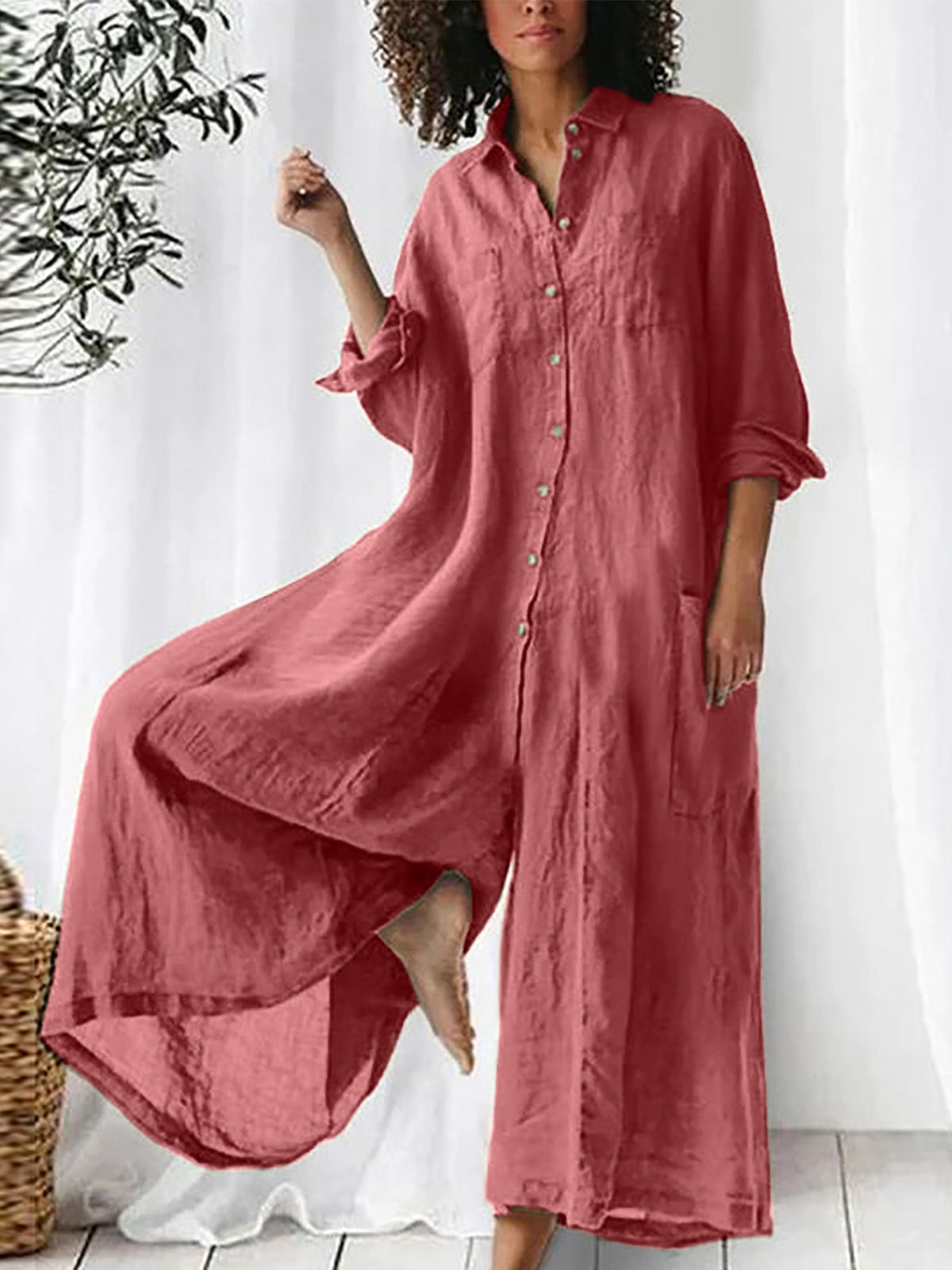Long-sleeved Mid-length Cotton Linen Shirt Jumpsuit