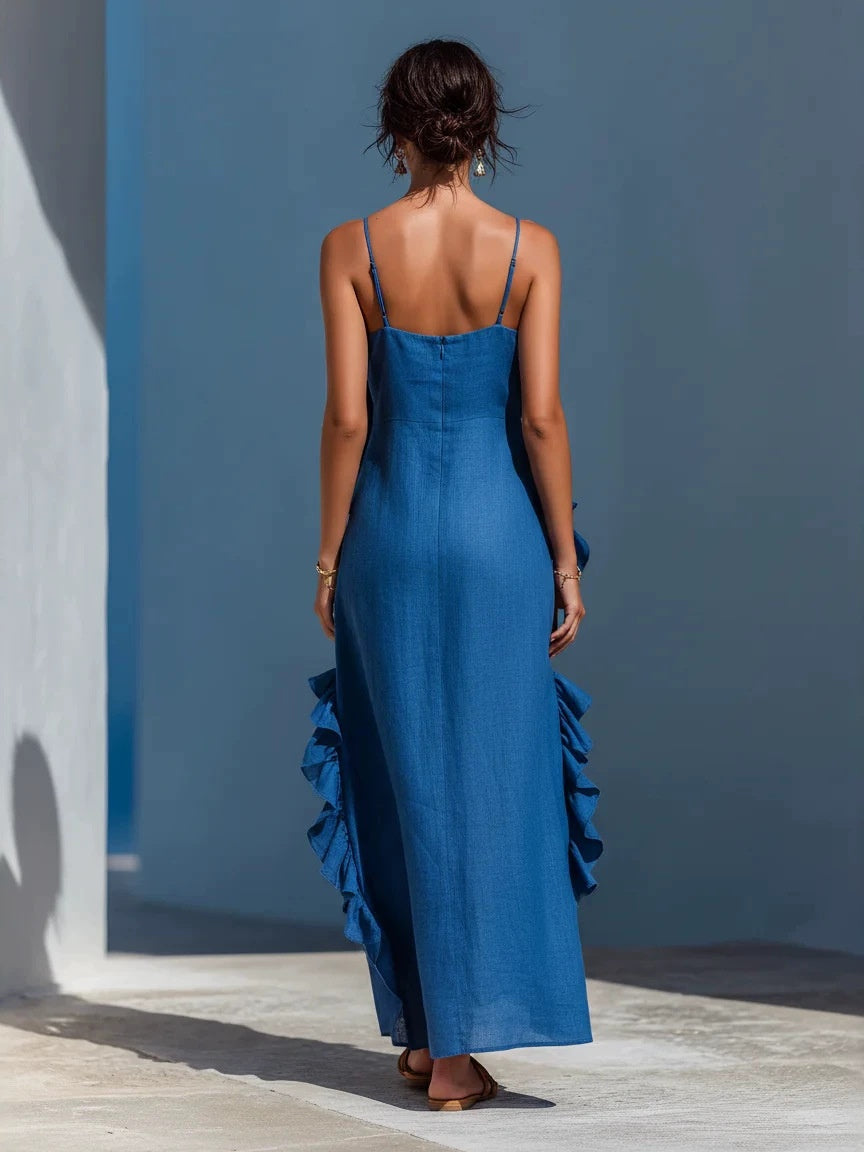 Resort-style Sleeveless Backless Long Dress With Ruffles