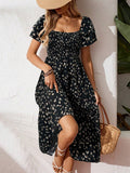 Floral Short Sleeve Square Collar Ruffle Vacation And Leisure Maxi Dresses