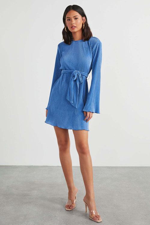 Plisse Pleated Tie Waist Crew Neck Long Sleeve Mini Dress