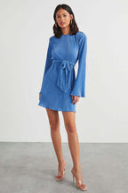 Plisse Pleated Tie Waist Crew Neck Long Sleeve Mini Dress
