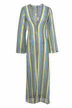 Pilar Chic Boho V Neck Bell Sleeve Maxi Dress, Wavy Striped Crochet Beach Holiday Dress Evening Wear Edit