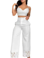 High Waist Hollow Straight-leg Pants Camisoles White Suit 2-piece Sets
