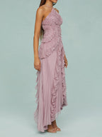 Halter Sunray Pleat Cascading Ruffle Tier High-Low Hem Gown