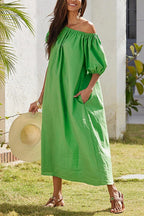 Off Shoulder Puff Sleeves Pocketed Baggy Midi Dress