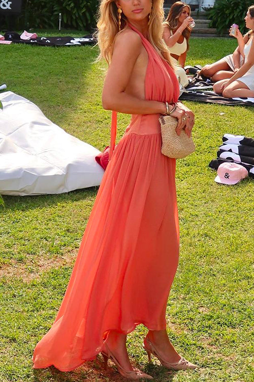 Deep V Neck Halter Backless Flowy Maxi Party Dress