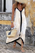 Spaghetti Strap V Neck Color Block Maxi Holiday Dress